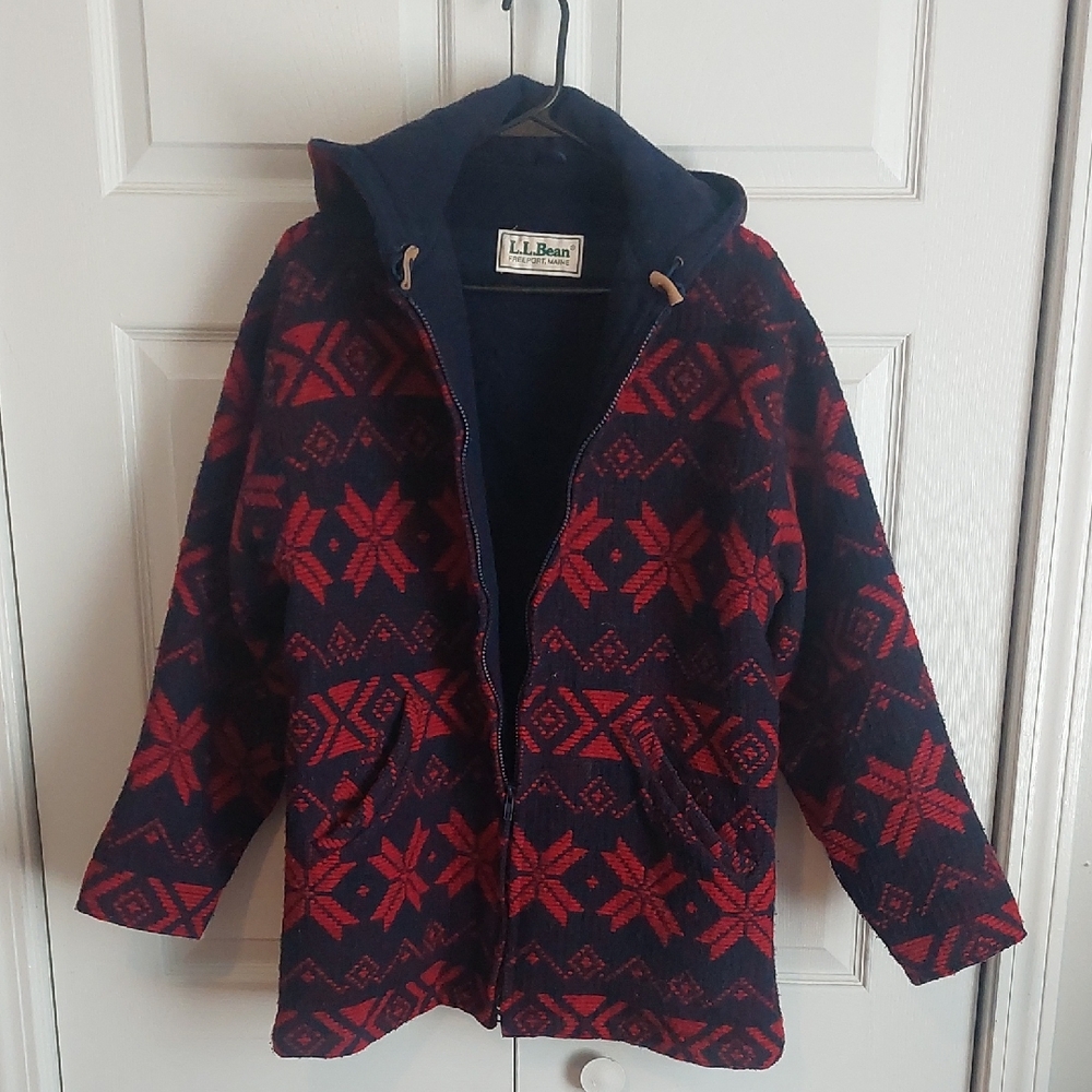 L.L. Bean Navy Jacket with Red Snowflake Pattern, Vintage